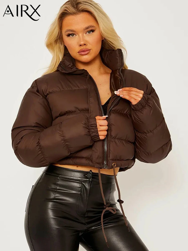 AIRX 2023 Winter Women Coat Casual Cotton Jacket Short Coats Zipper Streetwear Solid Color Long Sleeve Jackets