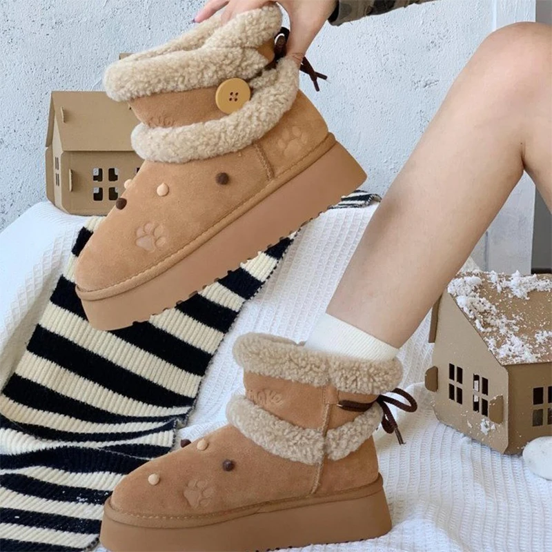 Женские зимние ботинки на платформе плоской подошве с мехом короткие плюшевые