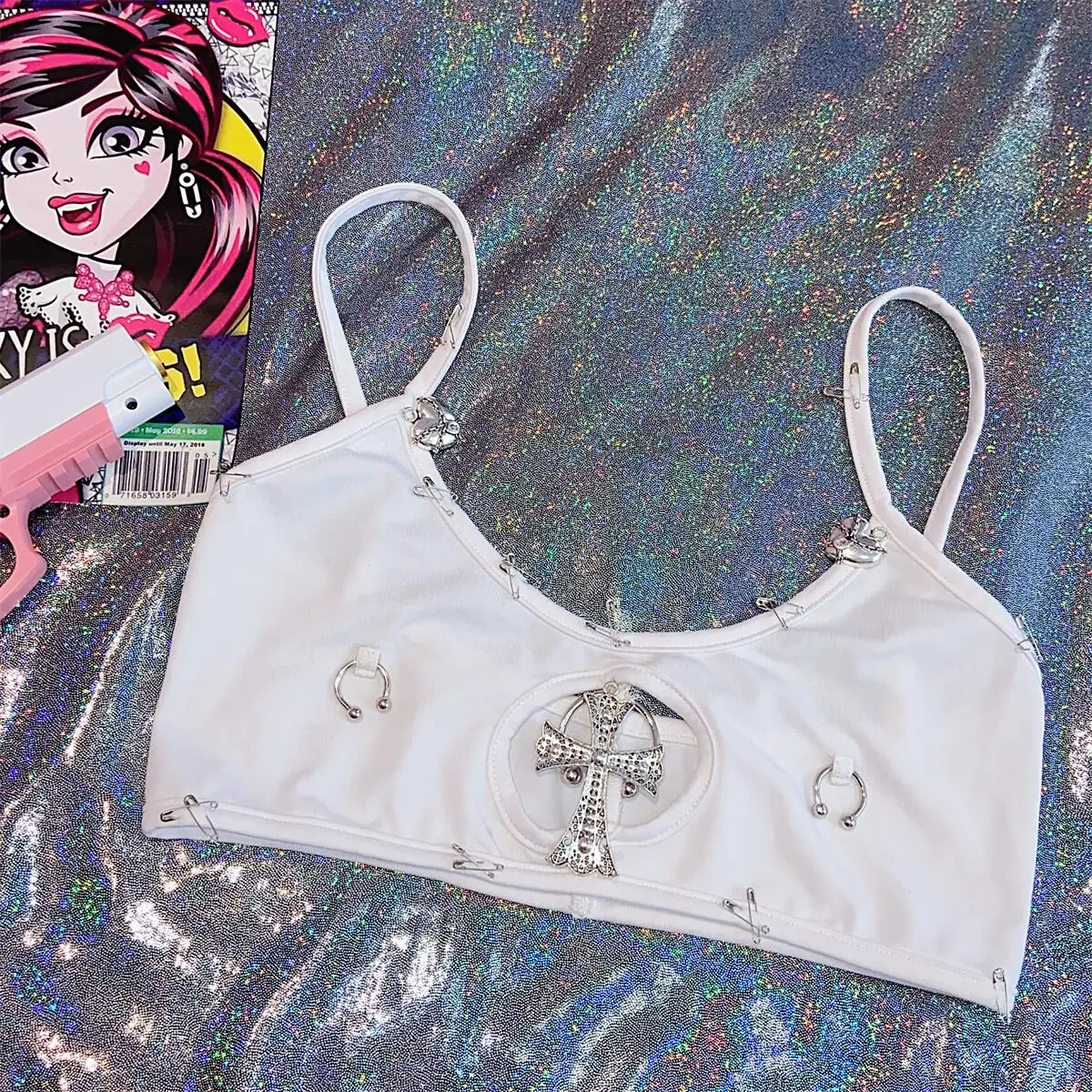 

Handmade Y2K Millennial Spicy Girl Hollow out Subcultural Abi Pin Trendy Punk Open Waist Tank Top