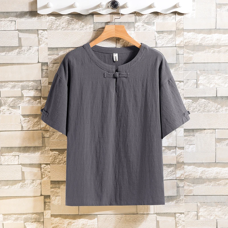 

Japanese Kimono Round Neck T-shirt Harajuku Yukata Disc Buckle Streamer Shirt Summer Men's Cotton and Linen Retro Casual Clothes