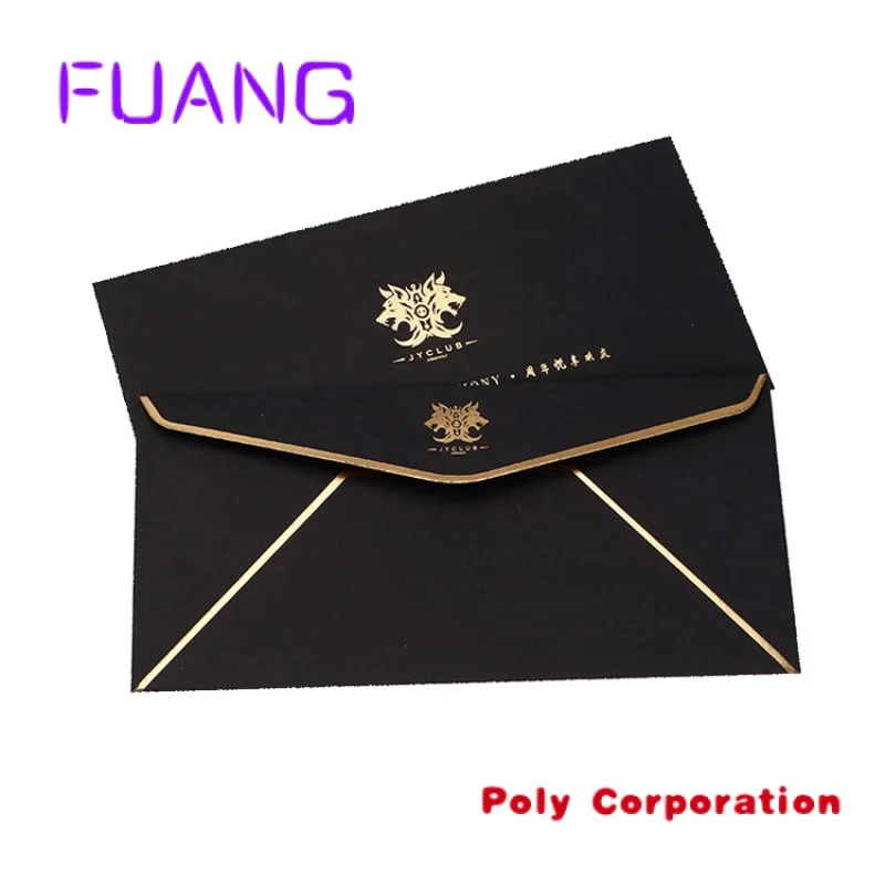 Custom black cardboard recycled envelope hotel key card envelopes with golden foil logo letter premium envelope paper kraft