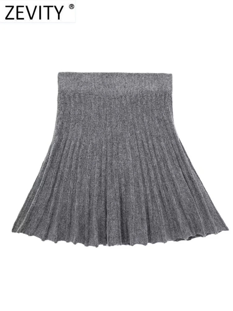 

Zevity 2023 Women Fashion Elegant Grey Color Knitting Pleated Mini Skirt Faldas Mujer Female Chic Elastic Slim Vestidos QUN5717