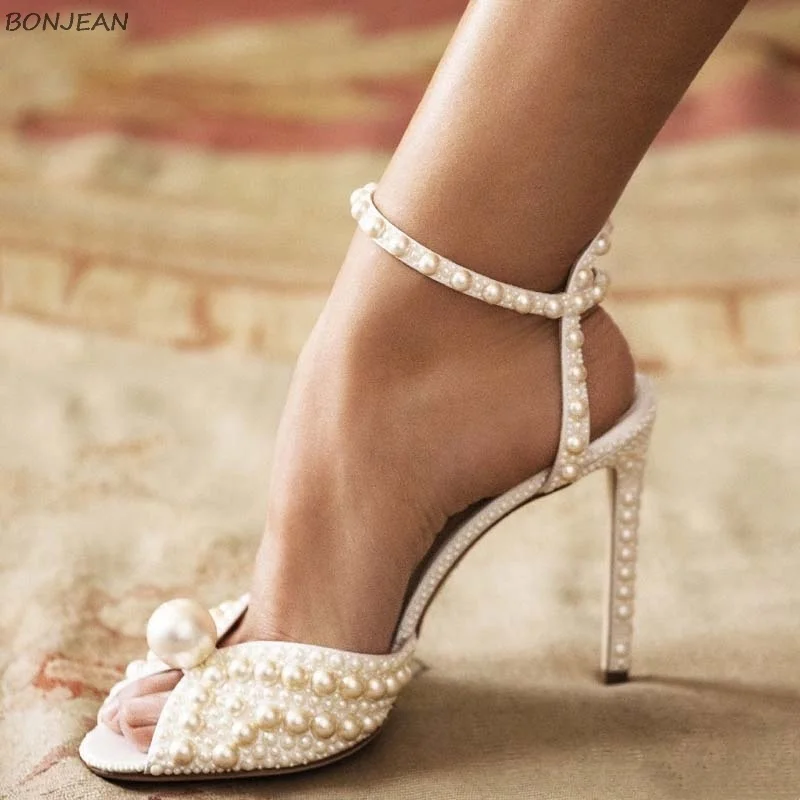 

Women Sandals Fashion High Quality Wedding Shoes Women New Pearls Studs Luxury Peep Toe High Heels Buckle Strap Woman Sandals