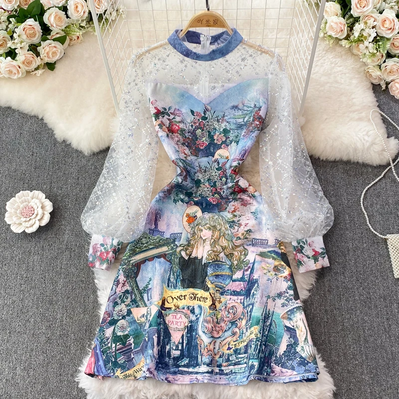 

New Autumn/winter Printed Letter Beaded Gilding Lace Lantern Sleeve Age-reducing Dress