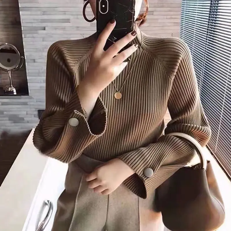 

2022 Autumn and Winter New Fashion Stitching Korean Version Loose Pullover Sweater Women's Thickened Half Turtleneck Knitted Top