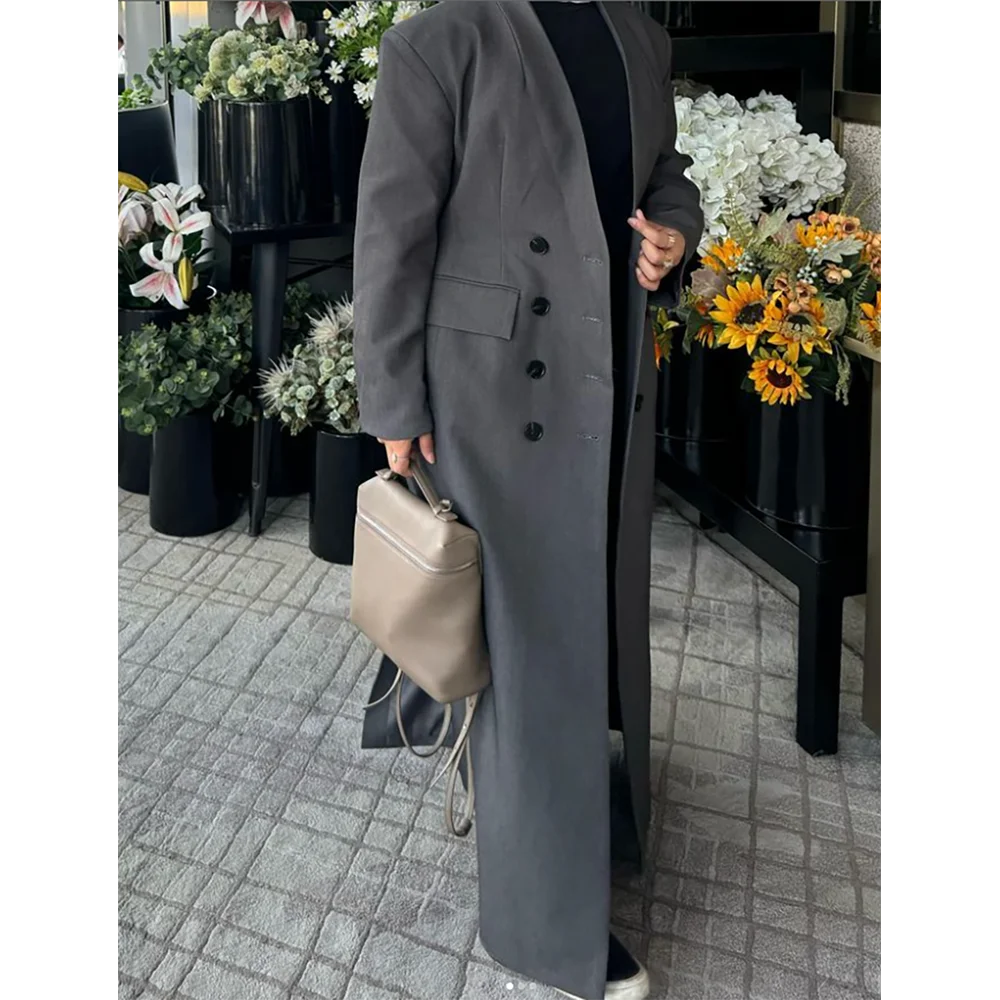 Серый двубортный плащ с V-образным вырезом Женская длинная куртка облегающее
