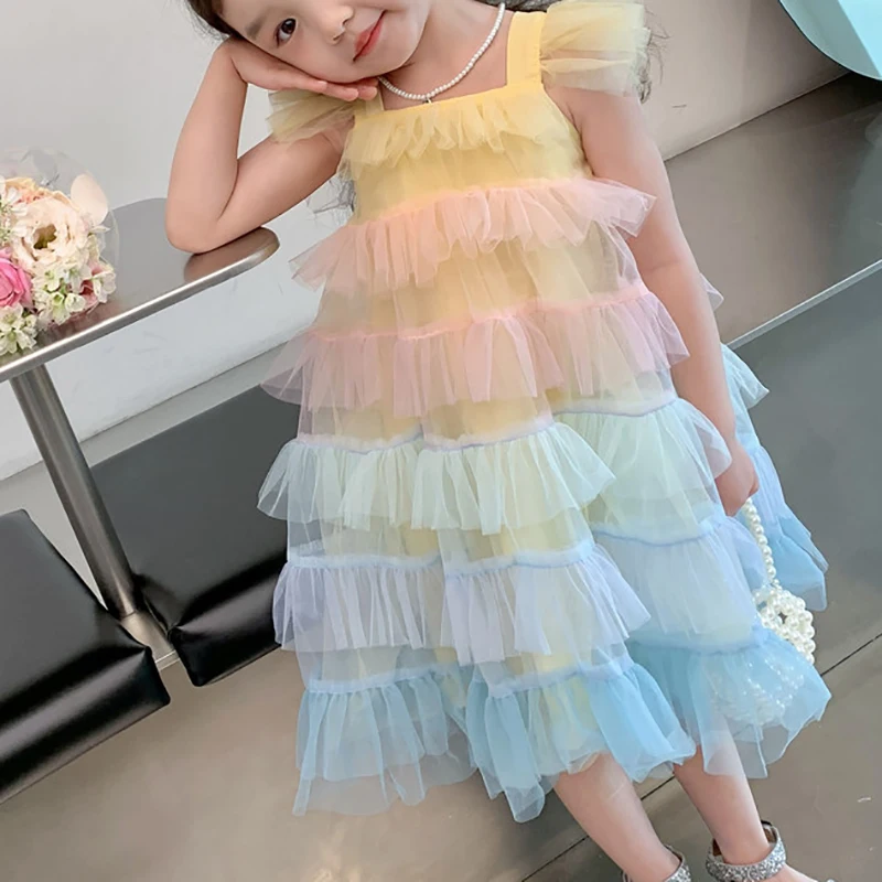 Summer Dress For Kid Girl Sleeveless Short Flare Sling Rainbow Backless Cake Mesh Dress Children Clothing