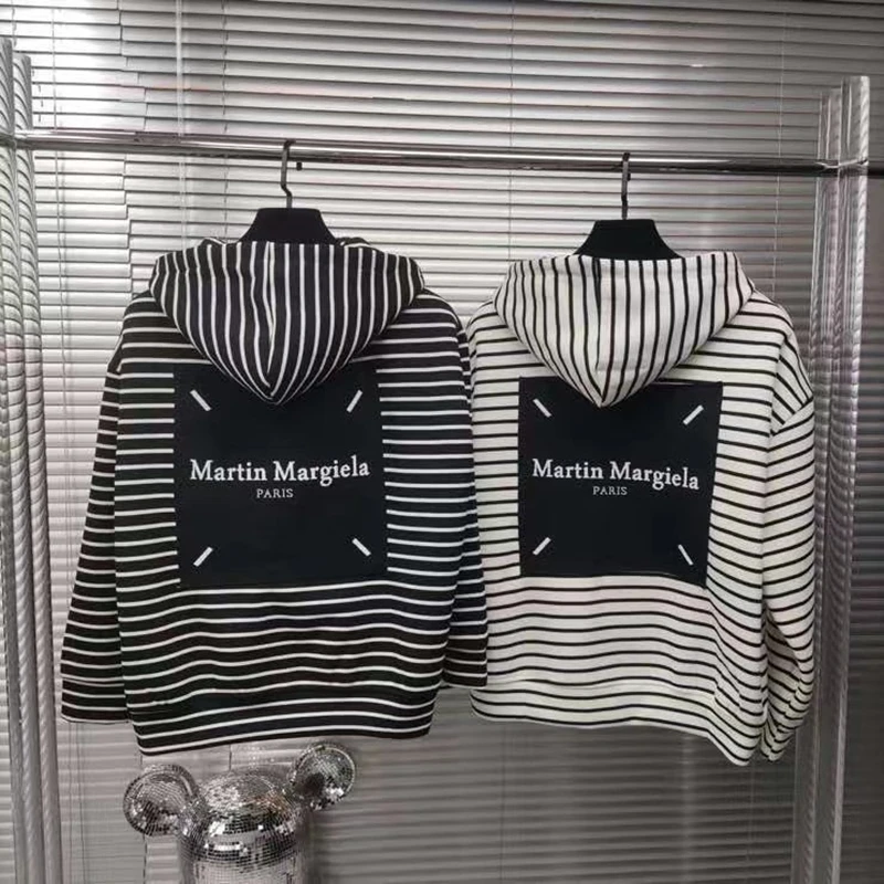 

2023fw Patchwork Stripe MM6 Margiela Hoodie For Men Women Four Point Embroidery Hooded Pullover