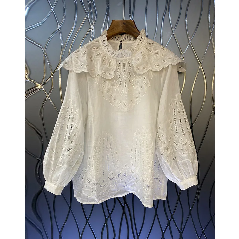High Quality Linen Blouse 2022 Autumn Winter Tops Women Hollow Out Embroidery Long Sleeve Casual White Black Tops Female