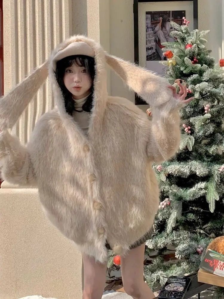 Дизайнерский вязаный кардиган с капюшоном и заячьими ушками новый свободный