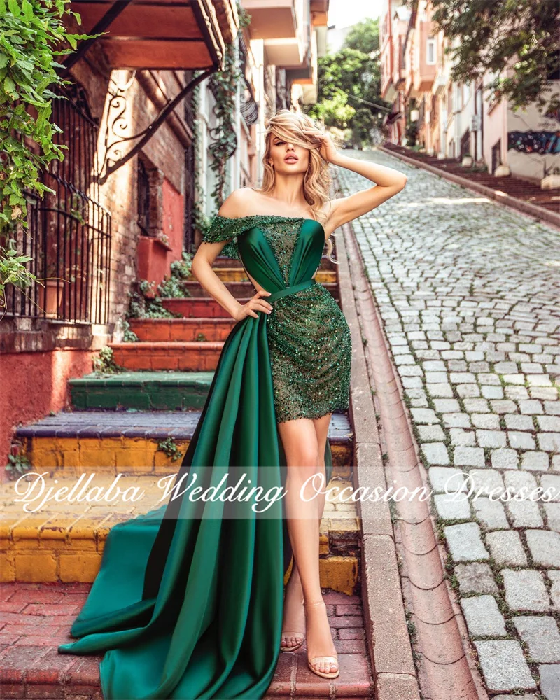 

Green Sequins Short Prom Dresses 2022 Sexy Off The Shoulder Mini Birthday Party Dress With Detachable Train Cocktail Dress