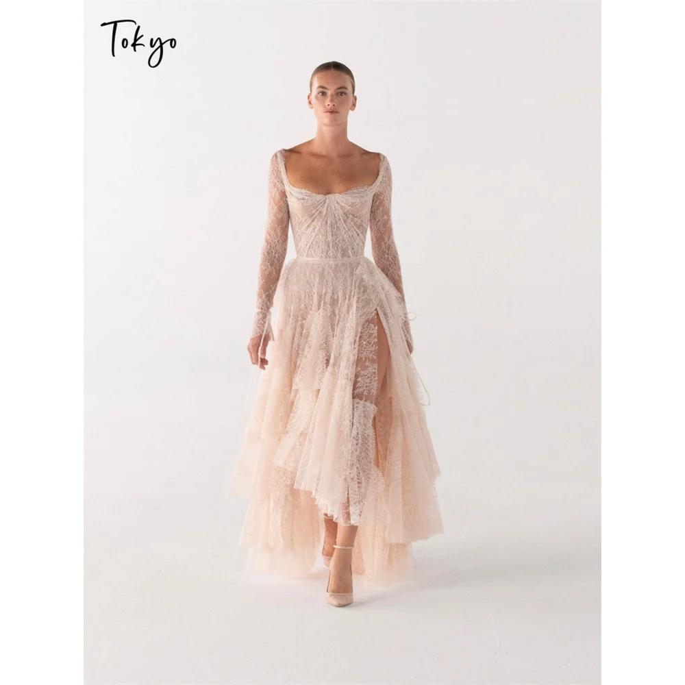 Фото Вечернее платье макси Tokyo Lace с длинными рукавами, квадратным вырезом, высоким разрезом, цвета пыльной розы, для выпускного, свадебного торжества, вечеринки, официальных мероприятий №1