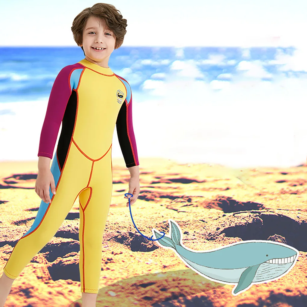 

2.5MM Kids Wetsuit Neoprene Thermal Children’s Scratch Resistance UV Protection Snorkeling Surf Suit Yellow purple sleeve
