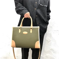 ol commuting real leather dark green top handle handbag for women handmade vintage color block large capacity shoulder bag