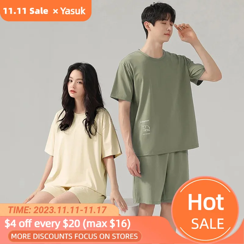 

Yasuk Spring Summer Women Men Casual Soft Sleepwear Homewear Couple Pajamas Set Pants Cotton Simple Solid Color Elephant Unisex
