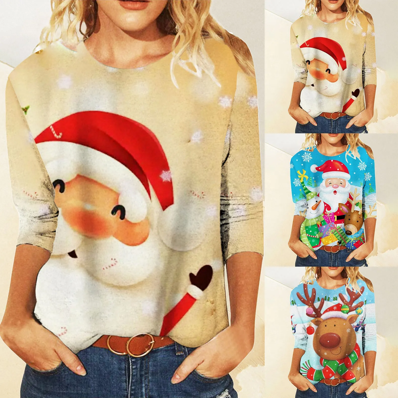 

Женская Повседневная футболка с круглым вырезом, с принтом Санта-Клауса