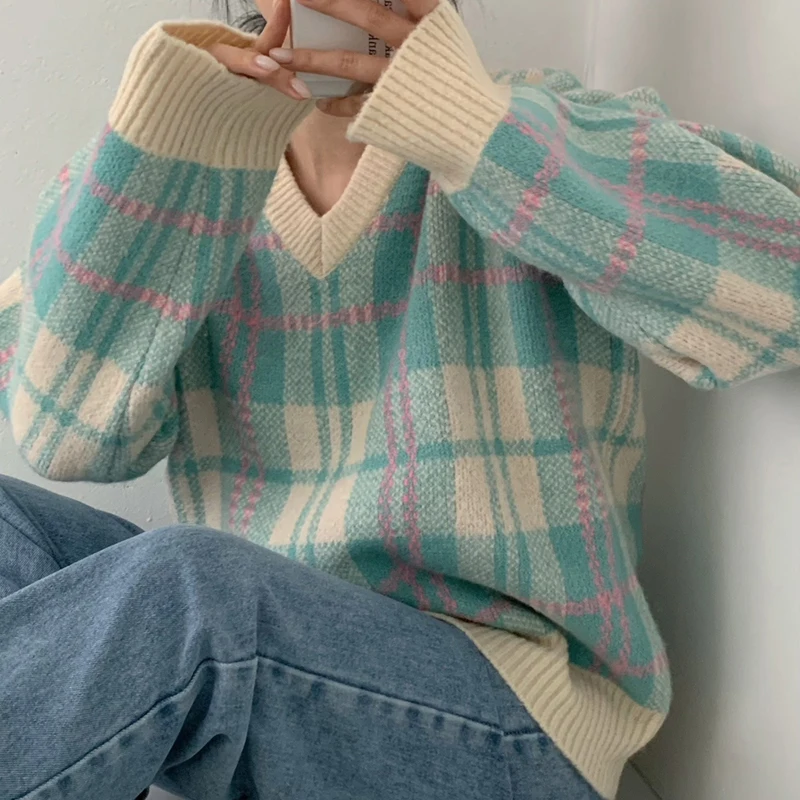 FINEWORDS модный винтажный зимний клетчатый свитер женский вязаный пуловер с
