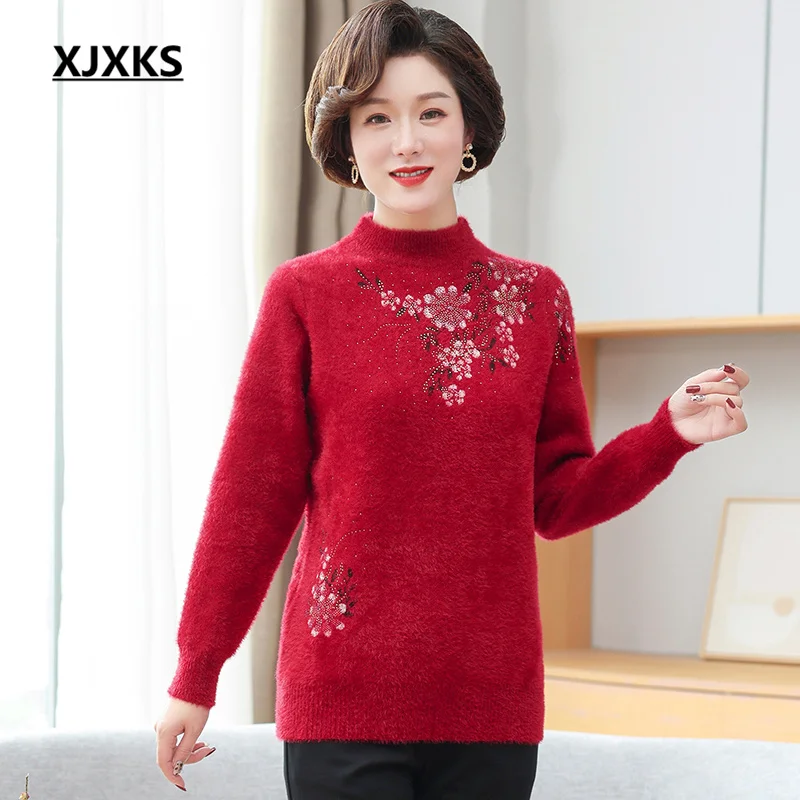 

XJXKS, новинка зимы 2022, одежда для мам среднего и пожилого возраста, женский свитер с высоким воротником, утепленный теплый вязаный пуловер