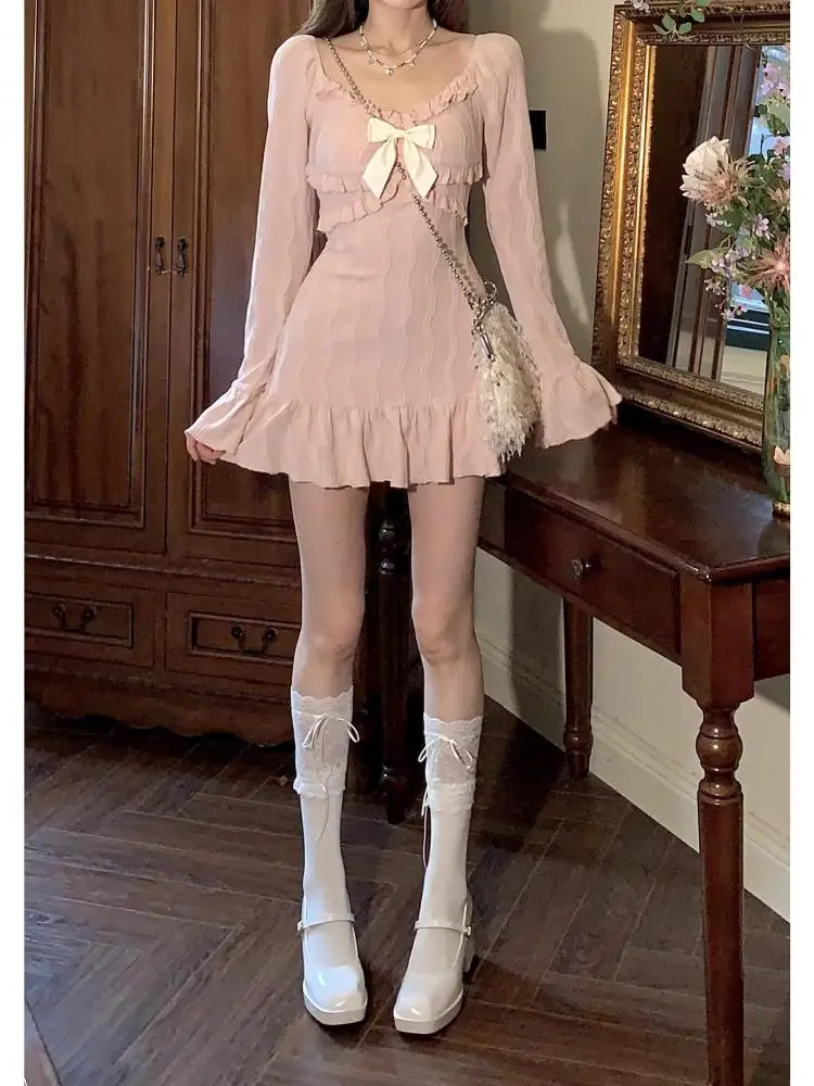 Женское короткое платье с оборками Осеннее милое французское розовое бантом и