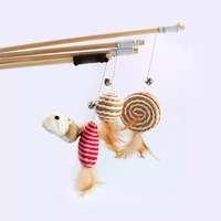 2022new cartoon pet cat teaser toys feather wood rod mouse toy with mini bell cat catcher teaser wooden stick cat interactive to