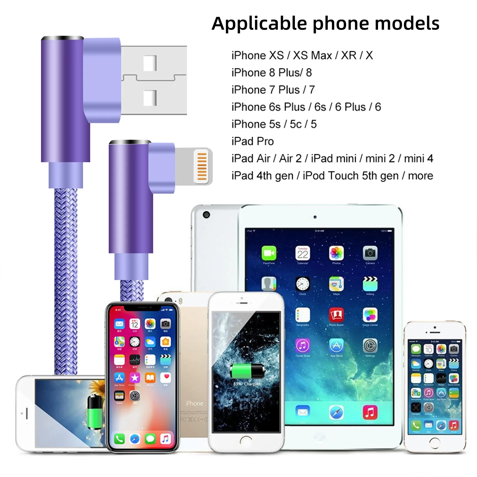 Кабель USB для быстрой зарядки с угловым разъемом для iPhone 13, 14 Pro, 11, 12 mini, XS Max, XR, X, 7, 8 Plus, 90-градусный USB-кабель для зарядки (art.: 3920da2f630eb) - 3920da2f630eb