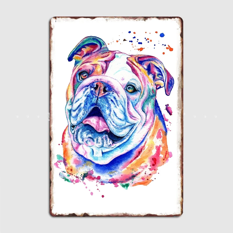 

English Bulldog Colorful Watercolor Portrait Metal Plaque Club Home Bar Cave Classic Plaques Tin Sign Posters Room Wall Decor