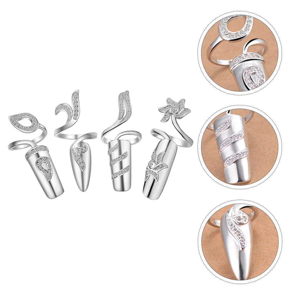 

Rhinestone Finger Tip Rings: 4pcs Silver Open Finger Rings Finger Armour Rhinestone Cover Rings Rings Jewelry Random Style