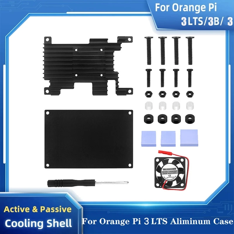 

For Orange Pi 3 LTS Aluminum Alloy Protective Case With 30X30 Cooling Fan+Thermal Pad Active Passive Cooling Metal Case