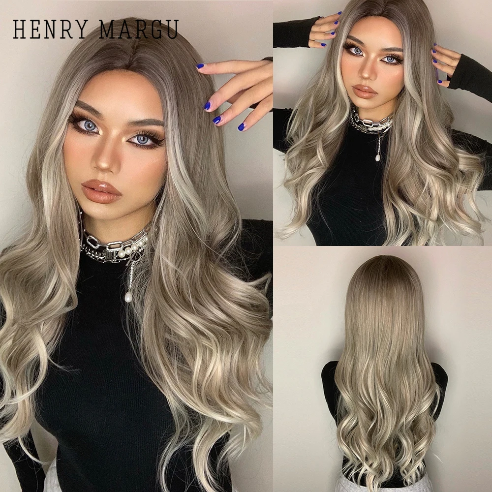 

Длинные Серые Платиновые синтетические парики с эффектом омбре henри MARGU, парики средней длины со светлыми волнистыми волосами для женщин, па...