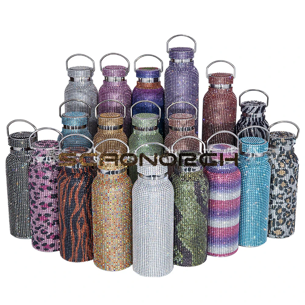 Portable Glitter Rhinestone Water Bottle With Chain Double Wall Stainless Steel Thermal Flask