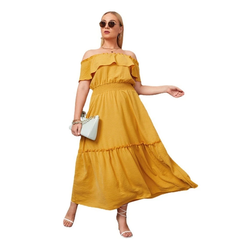 

Women Plus Size Ruffles Short Sleeve Off Shoulder Long Swing Dress Solid Color Shirred Elastic Waist Pleated Sundress