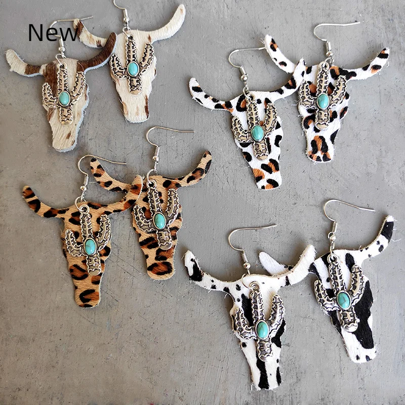 Серьги-подвески из коровьей кожи с леопардовым принтом