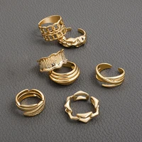 creative geometric wide chain open rings for women punk gold plated metal textured feather finger opening rings simple jewelry