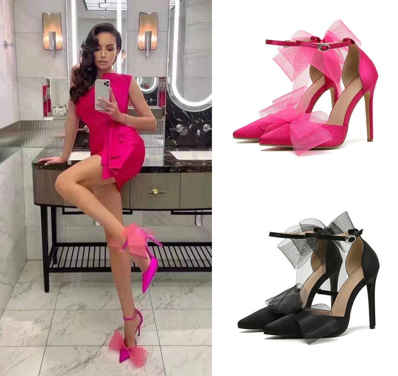 

2023 New Style Net Yarn Bowknot Ladies Pumps Thin Heel Pointed Toe Shallow Summer Women Shoes High Heels Party Prom Shoes