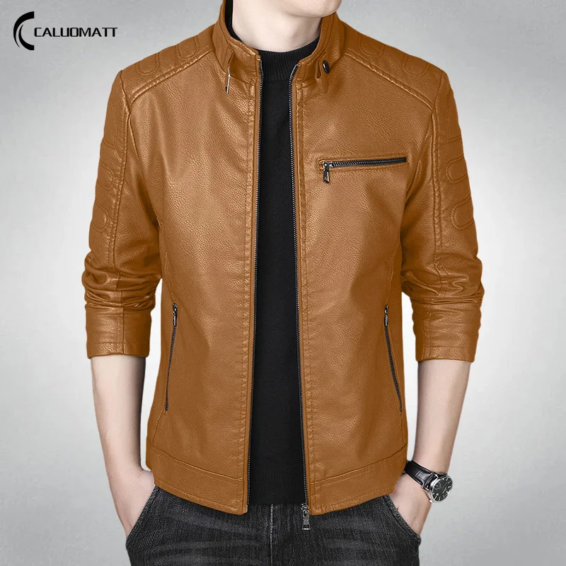 

Autumn Winter Fashion Slim Motorcycle Leather Jacket Men Stand Collar PU Leather Jackets Solid Color Causal Mens Biker Outerwear