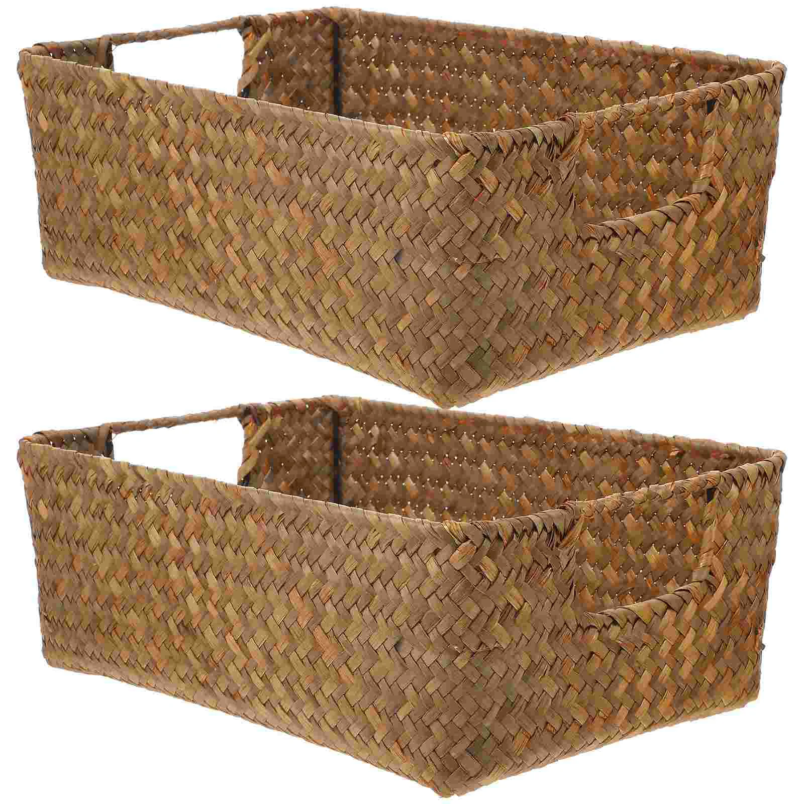 

2 Pcs Woven Storage Cube Home Basket Bamboo Weaving Seaweed Snacks Sundries Cutlery Iron Baskets Organizer