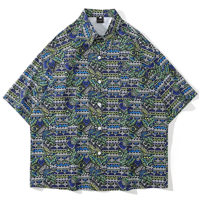 

2022 Summer Unisex Vintage Harajuku National Style Turn-Down Collar Shirt Tropica Top Men Oversize Hawaii Short Sleeve Shirts