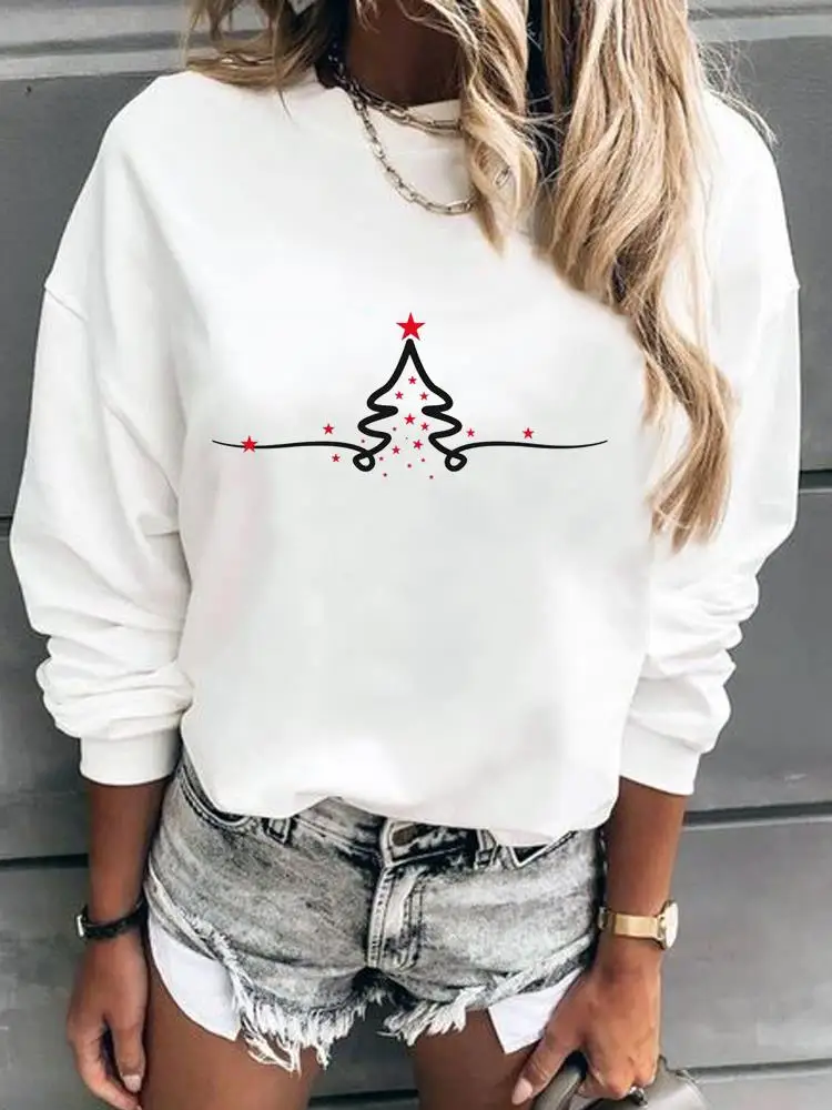 

Happy New Year Fashion Merry Christmas Pullovers For Women Star Winter Tree 90s Printing Graphic Sweatshirts Female Clothing