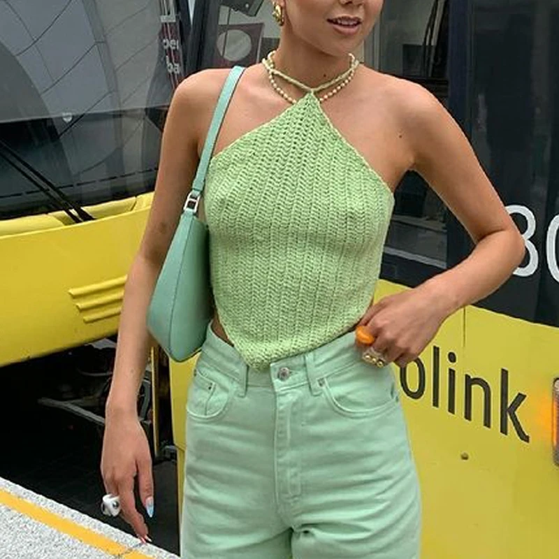 Кроп-Топ вязаный крючком с асимметричным подолом сексуальный жилет запахом на