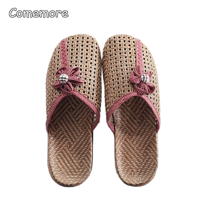 

Шлепанцы Comemore льняные для мужчин и женщин, повседневные сандалии на плоской подошве, дышащие шлепанцы с цветами, без застежки, льняной бант, 45