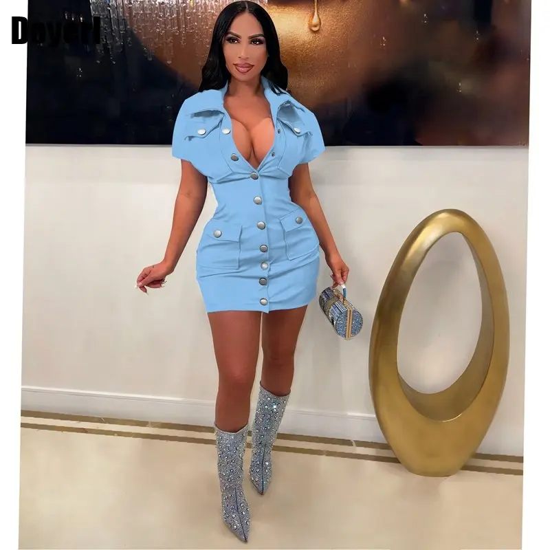 

New In Summer Dress 2023 Women Short Turn Collar Down Multi Pocket Button up Bodycon Dress Casual Tight Mini Party Dresses Club