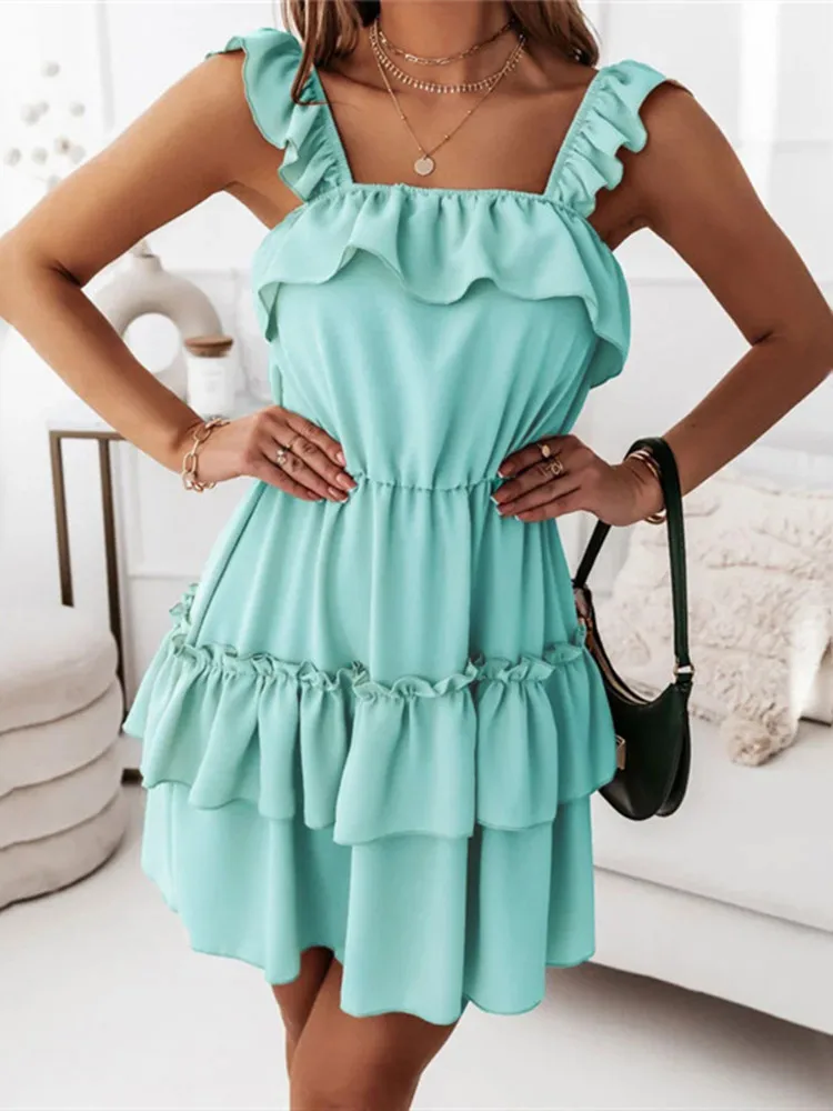 

hirigin Women Summer Elegant Solid Color Mini Ruffle Dress Sexy Off Shoulder Party Dress Ladies Fashion Sleeveless Office Dress