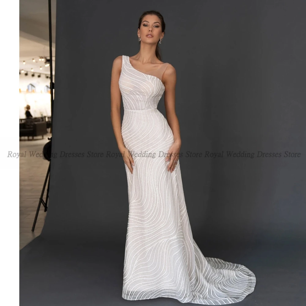 

High Quality Mermaid Wedding Dresses Sleeveless Open Back One Shoulder Print Lace Applique 2022 Floor Length Gowns Robe De Ma