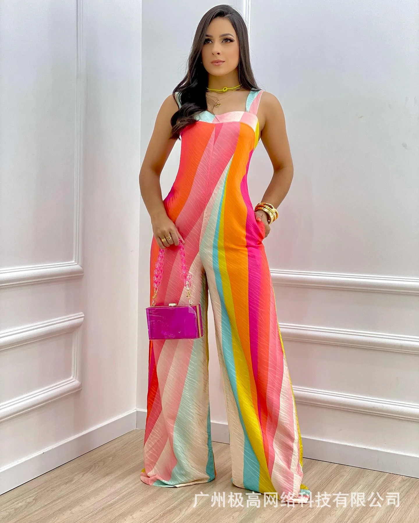 

Women One-piece Trousers Suspenders Loose Wide-leg Pants Mid-waist Tube A Fool Spring Summer Color Printing Suspenders Jumpsuit