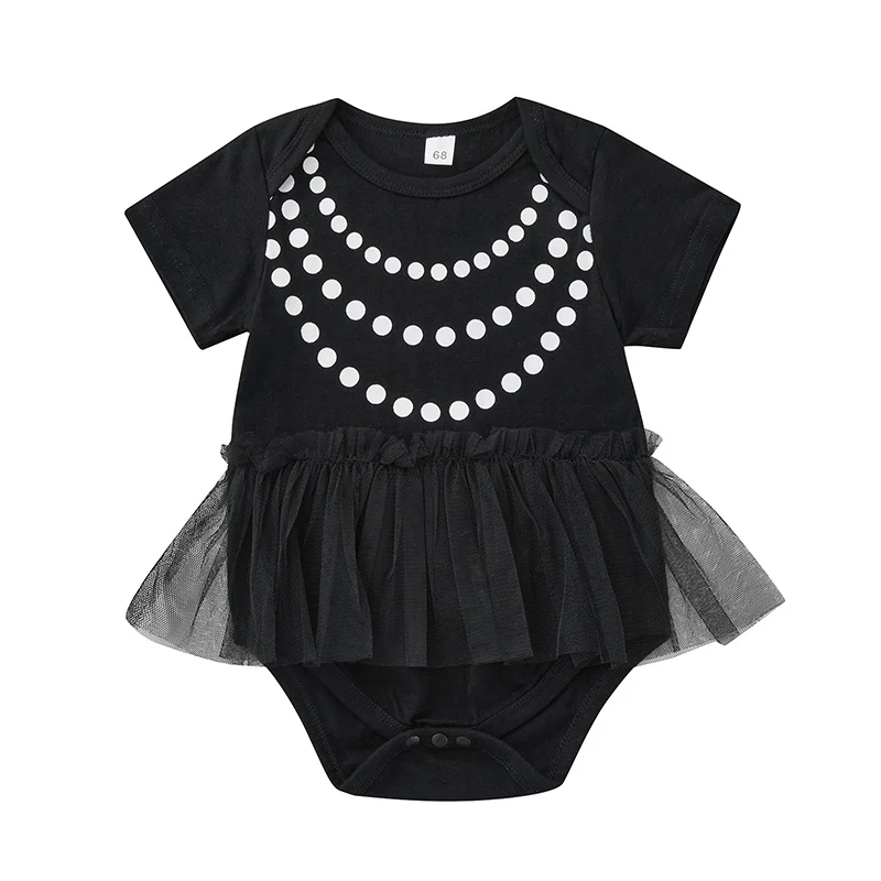 

Baby Girl Romper Dot Print Short Sleeve Round Neck Mesh Embellishment Bottom Snap Button Cute Jumpsuit