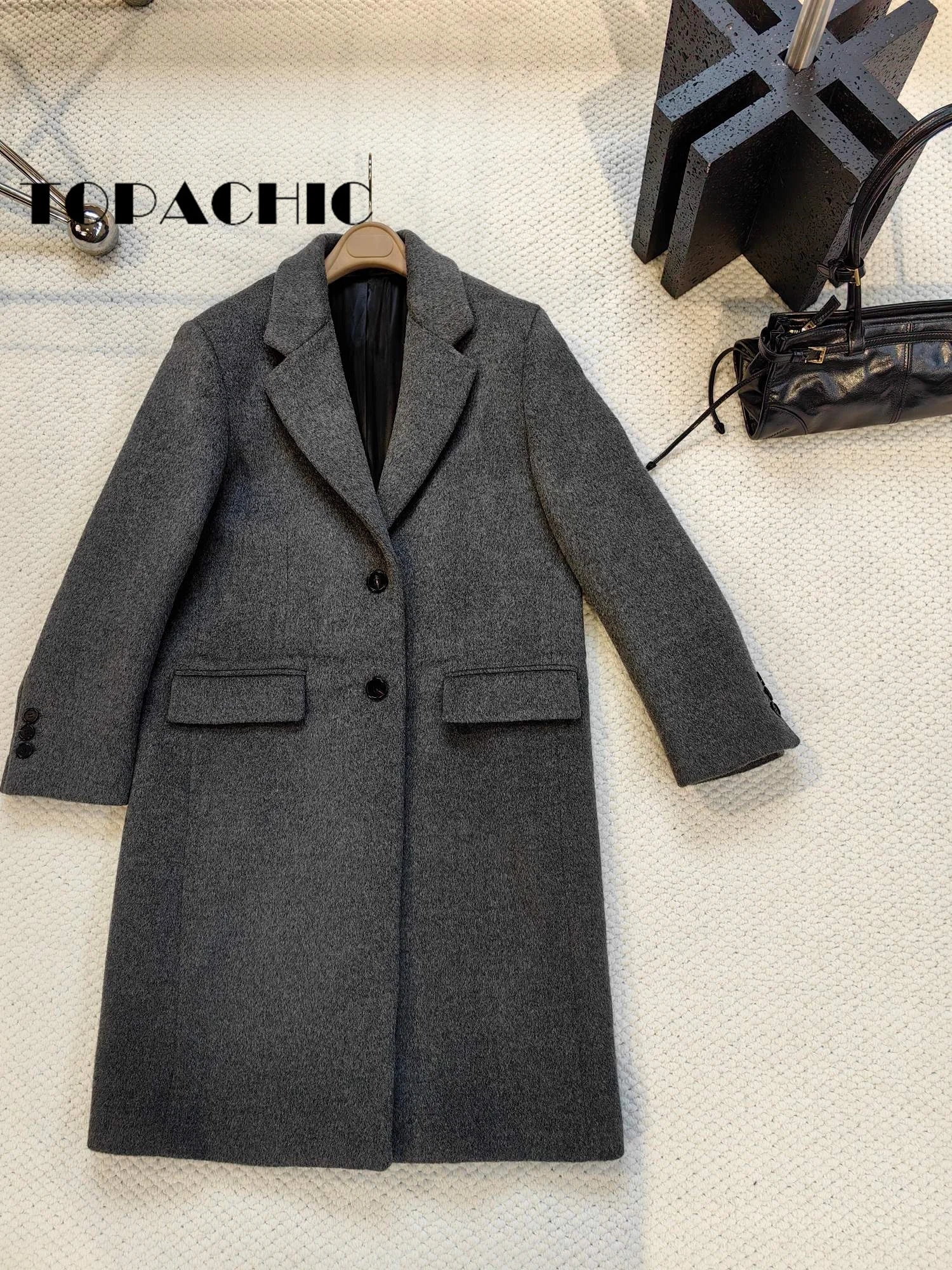 11.1 TOPACHIC High Quality Gray Color Mid-Length Lapel Single Breasted Pocket Thick Wool Coat For Women