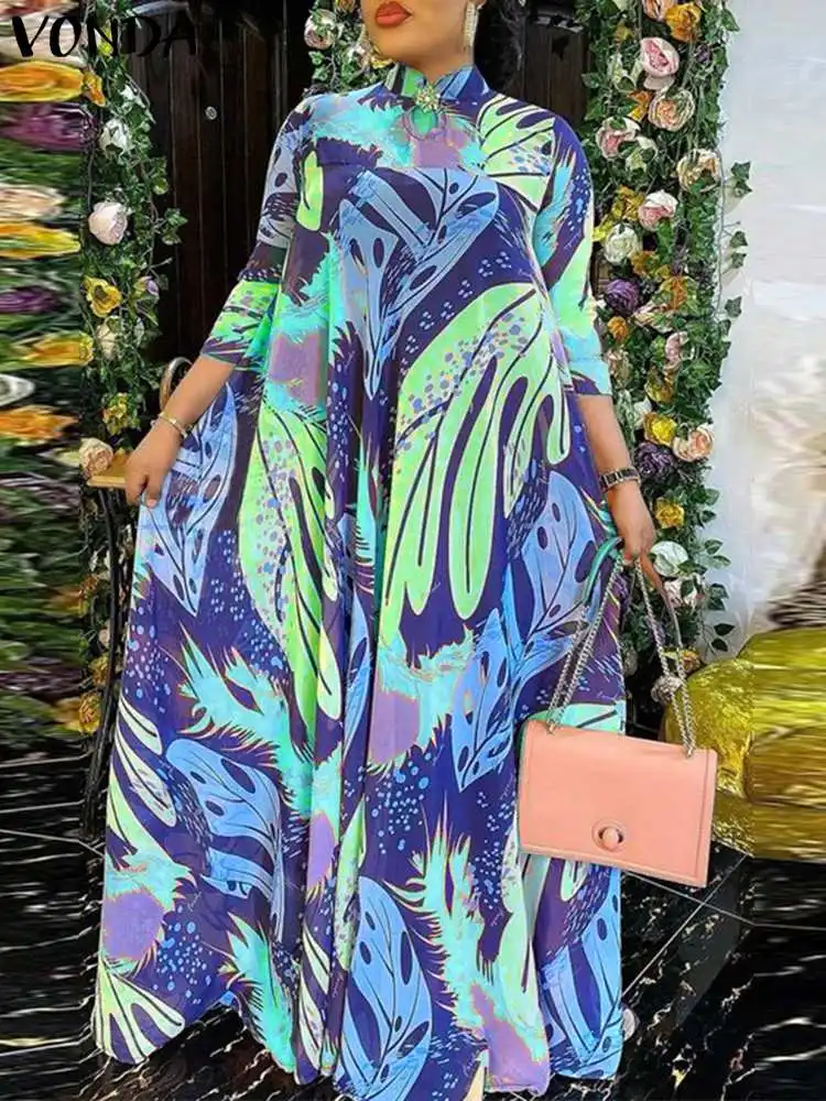 

Летнее платье-макси VONDA 2023, богемное женское платье с рукавом 3/4, винтажные элегантные плиссированные платья с принтом, повседневные свободные пляжные платья