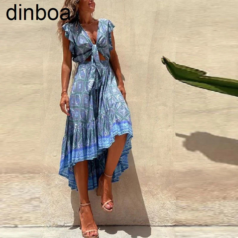 

Женское Повседневное платье с оборками, летнее пляжное платье с принтом в богемном стиле, плиссированное платье с глубоким v-образным вырезом и шнуровкой, 2023