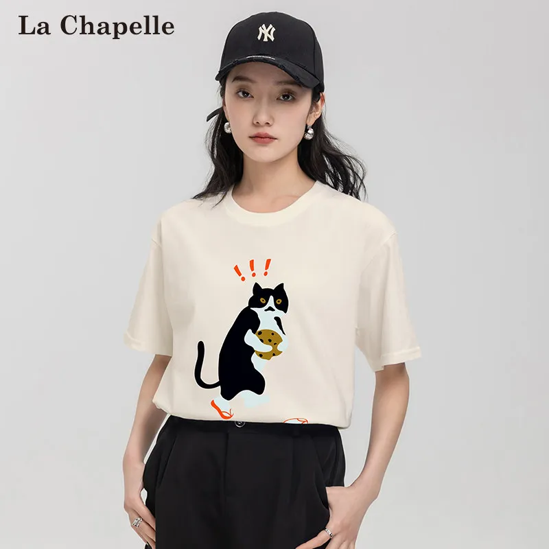 Ngh La Chabell 2024 Summer New Retro Print Top Design Sense Women Cotton Short sleeve T-shirt
