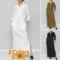 womens white shirt dress cotton spring summer casual retro oversized long dress stand collar party dress side split button
